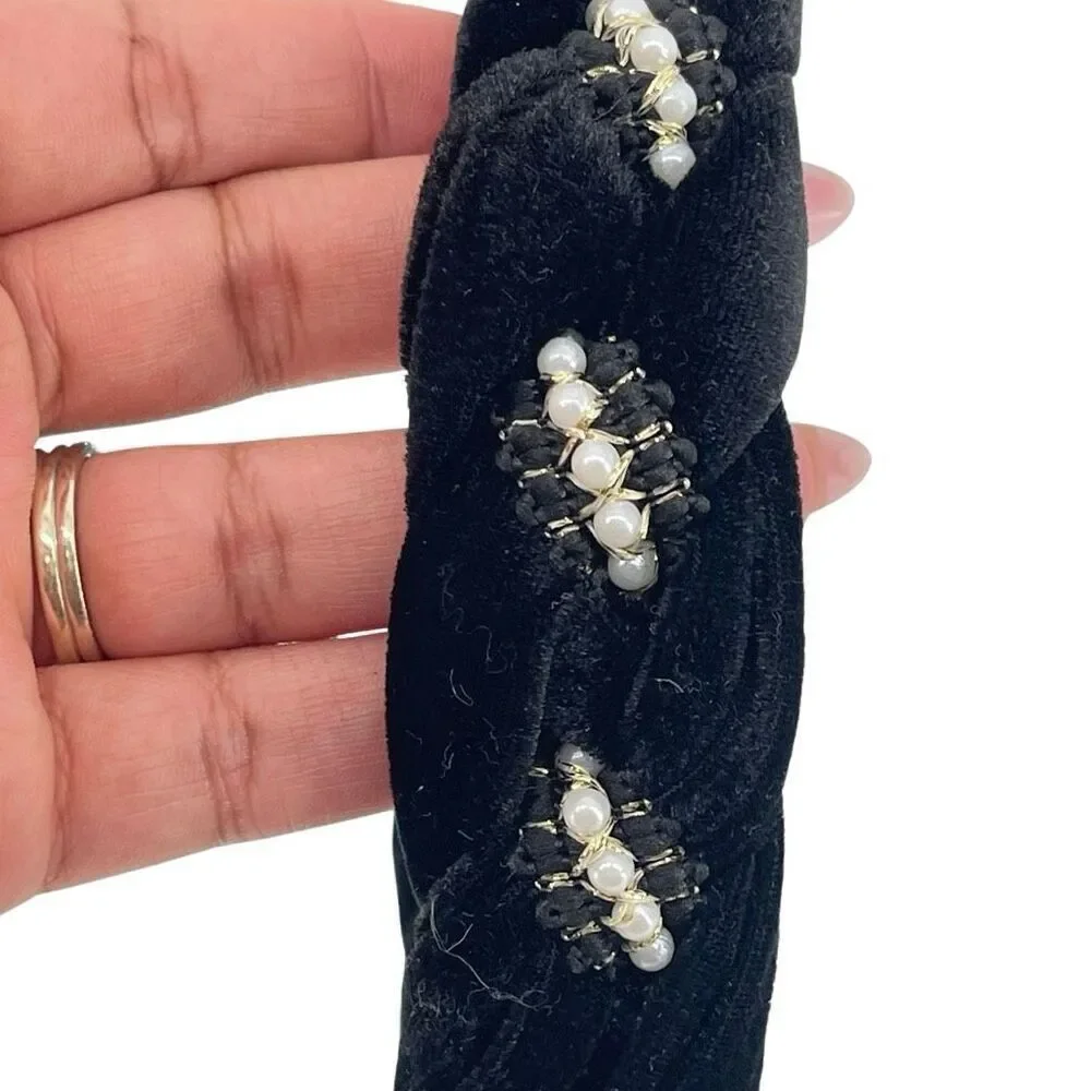 Black Velvet Pearl Headband Padded Knot Braided Coquette Glam Hair Accessory